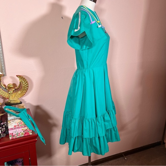 Vintage Cottagecore Full Skirt Ribbon detail green teal Party Dress Country Sm - Picture 6 of 17